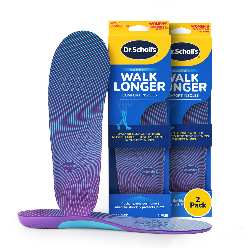 Dr. Scholl's Walk Longer insoles pack-shot showing comfort-boost for all-day wear.