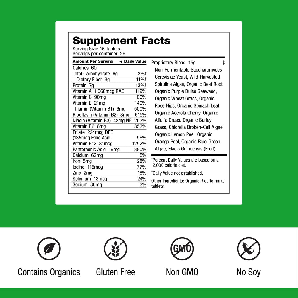 Dr. Schulze's SuperFood Plus bottle cap close-up highlights easy-to-swallow tablets.