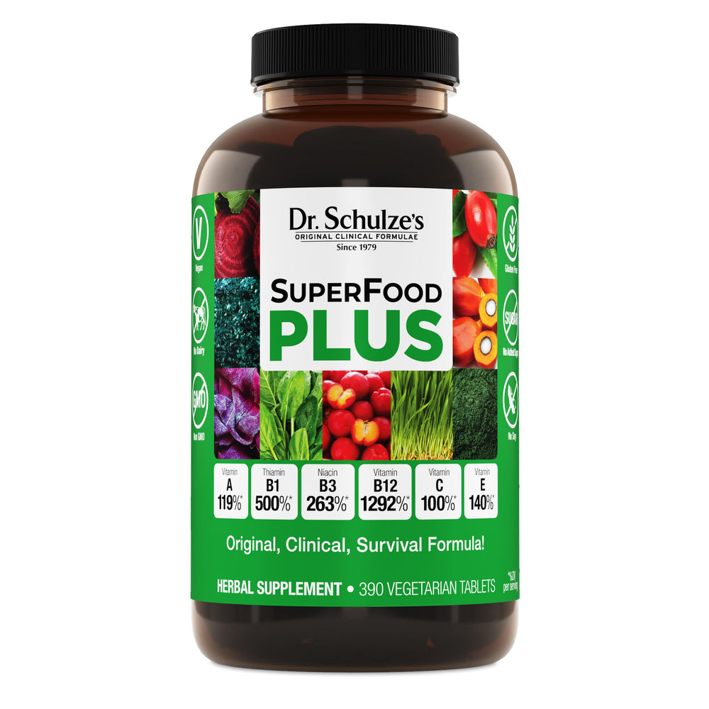 Dr. Schulze's SuperFood Plus bottle front view supports daily wellness.