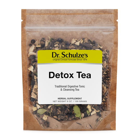 Dr. Schulze's Detox Tea bottle pour highlighting convenient daily detox support for digestion and energy.
