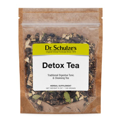 Dr. Schulze's Detox Tea bottle pour highlighting convenient daily detox support for digestion and energy.