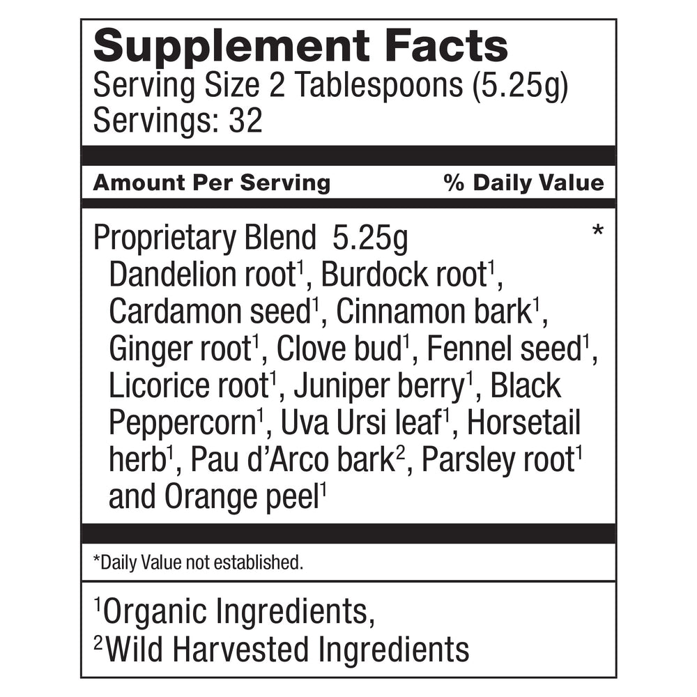 Dr. Schulze's Detox Tea package label emphasizes all-natural ingredients promoting digestive comfort.