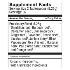 Dr. Schulze's Detox Tea package label emphasizes all-natural ingredients promoting digestive comfort.