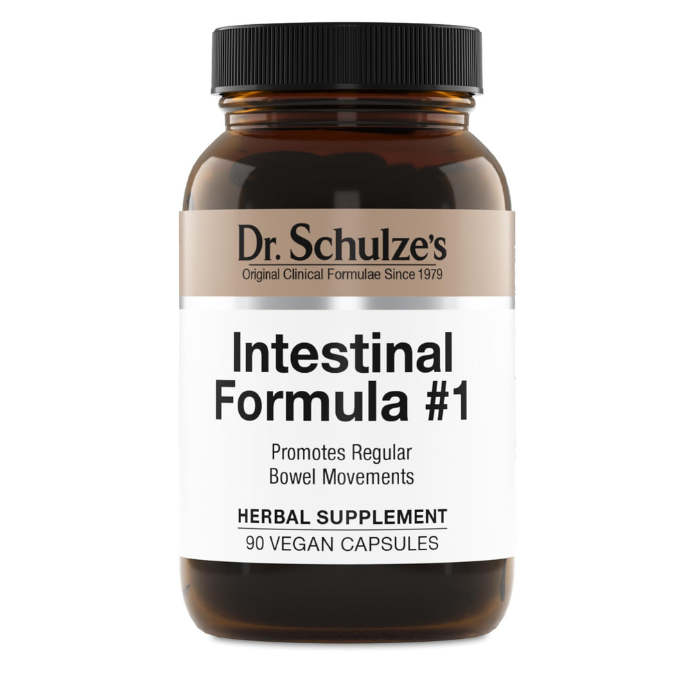 Dr. Schulze's Intestinal Formula 1 bottle on a clean surface supports gentle daily bowel movement routine.