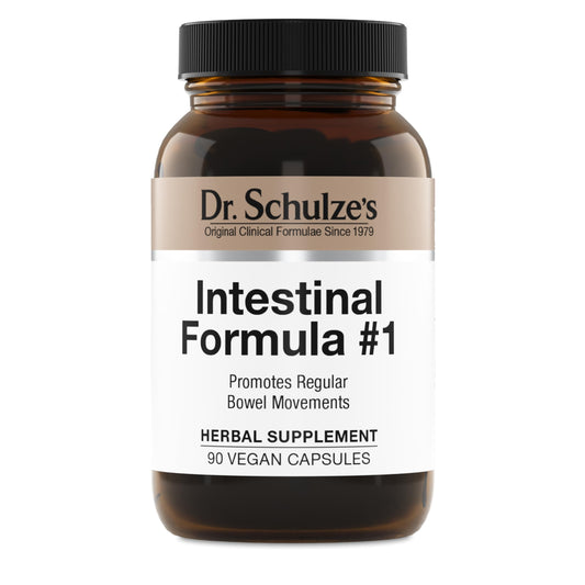 Dr. Schulze's Intestinal Formula 1 bottle on a clean surface supports gentle daily bowel movement routine.