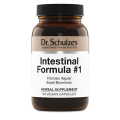 Dr. Schulze's Intestinal Formula 1 bottle on a clean surface supports gentle daily bowel movement routine.