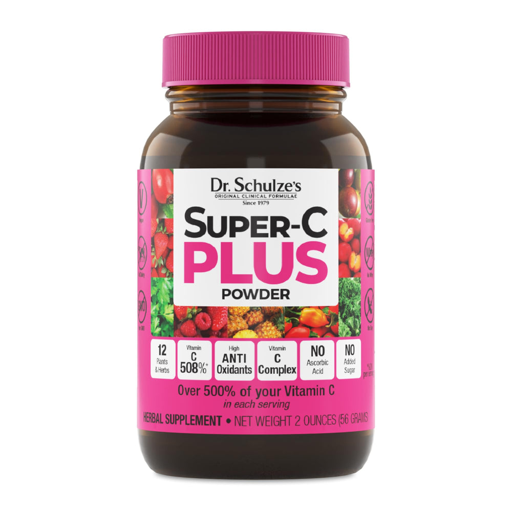 Dr. Schulze's Super-C Plus bottle close-up highlighting high-potency vitamin C support