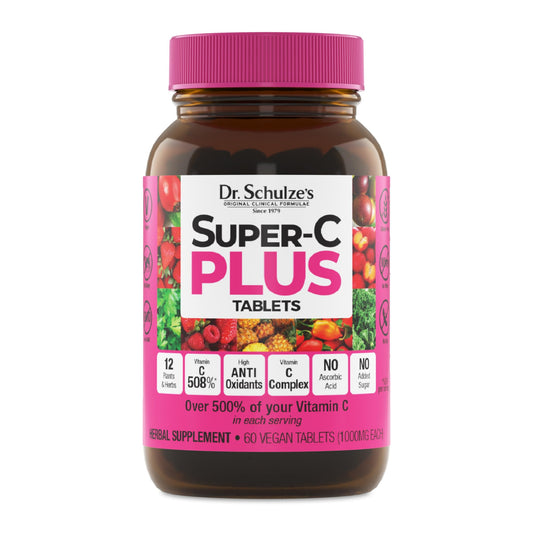 Dr. Schulze's Super-C Plus bottle highlighting plant-based vitamin C for daily immune support