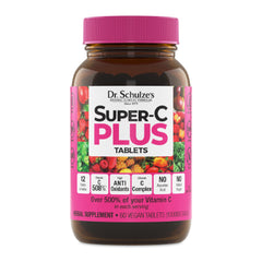 Dr. Schulze's Super-C Plus bottle highlighting plant-based vitamin C for daily immune support