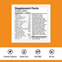 Close-up label on Dr. Schulze's SuperFood 100 showing vitamin-rich ingredients
