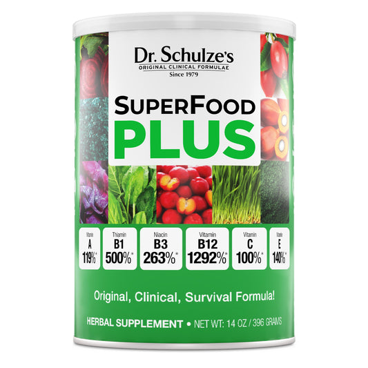 Dr. Schulze's SuperFood Plus bottle front, convenient daily energy support.