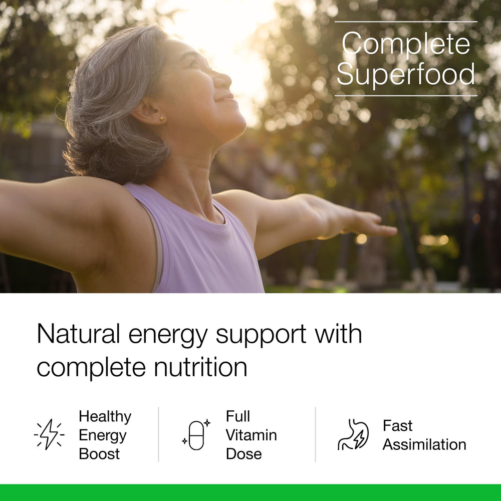 Dr. Schulze's SuperFood Plus powder added to a smoothie for sustained energy.