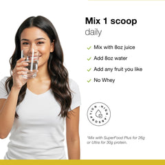 Close-up of Dr. Schulze's SuperProtein Plus dry powder, plant-based protein.