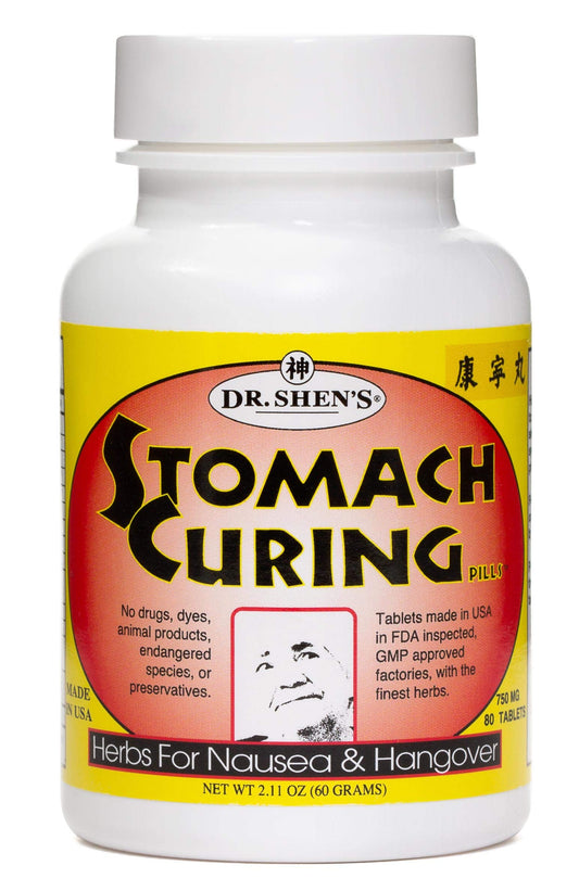 DR. SHEN'S Stomach Curing Pills bottle may help manage nausea on the go.