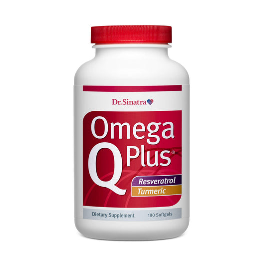 Dr. Sinatra Omega Q Plus bottle front shows label for healthy blood flow