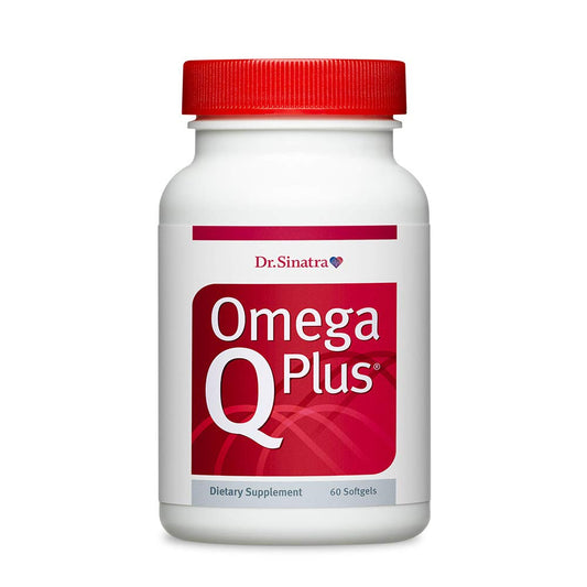 Dr. Sinatra Omega Q Plus bottle on counter, supporting everyday heart health balance.