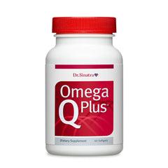 Dr. Sinatra Omega Q Plus bottle on counter, supporting everyday heart health balance.