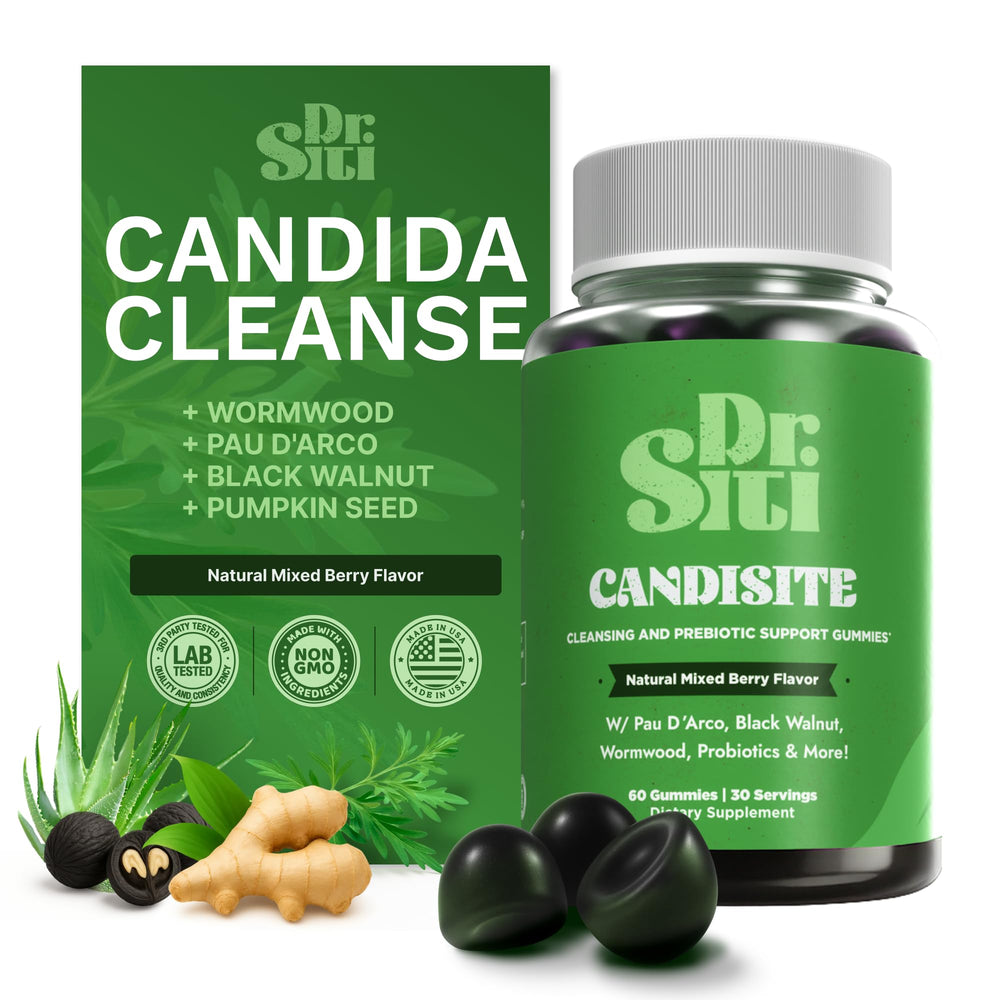 Dr. Siti Candisite gummies bottle front highlighting 10-in-1 gut balance.
