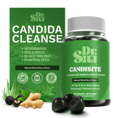 Dr. Siti Candisite gummies bottle front highlighting 10-in-1 gut balance.
