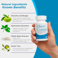 Dr. T Gluco Control Gymnema Sylvestre leaves suggesting glucose balance support.