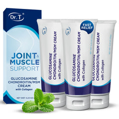 Dr. T Glucosamine Chondroitin Cream applied to knee area for smoother movement.