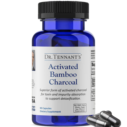 Dr. Tennant's activated bamboo charcoal bottle for detox support and convenient daily use.