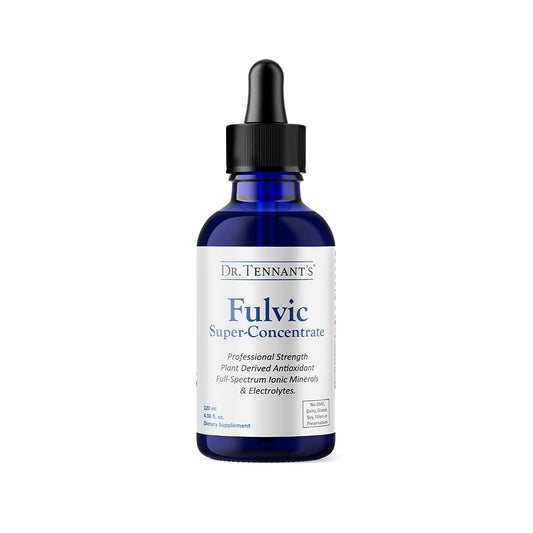 Dr. Tennant's Fulvic bottle on a counter highlights energy and minerals for daily use