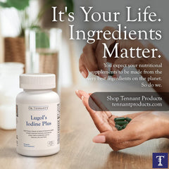 Dr. Tennant's Iodine Supplement Plus packaging emphasizes gluten-free and non-GMO features.