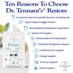 Smoothie of Dr. Tennant's Restore Vanilla Shake blended with berries for a nutritious drink