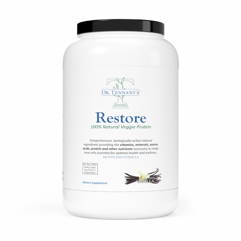 Dr. Tennant's Restore Vanilla Veggie Protein tub highlighting plant-based daily nutrition