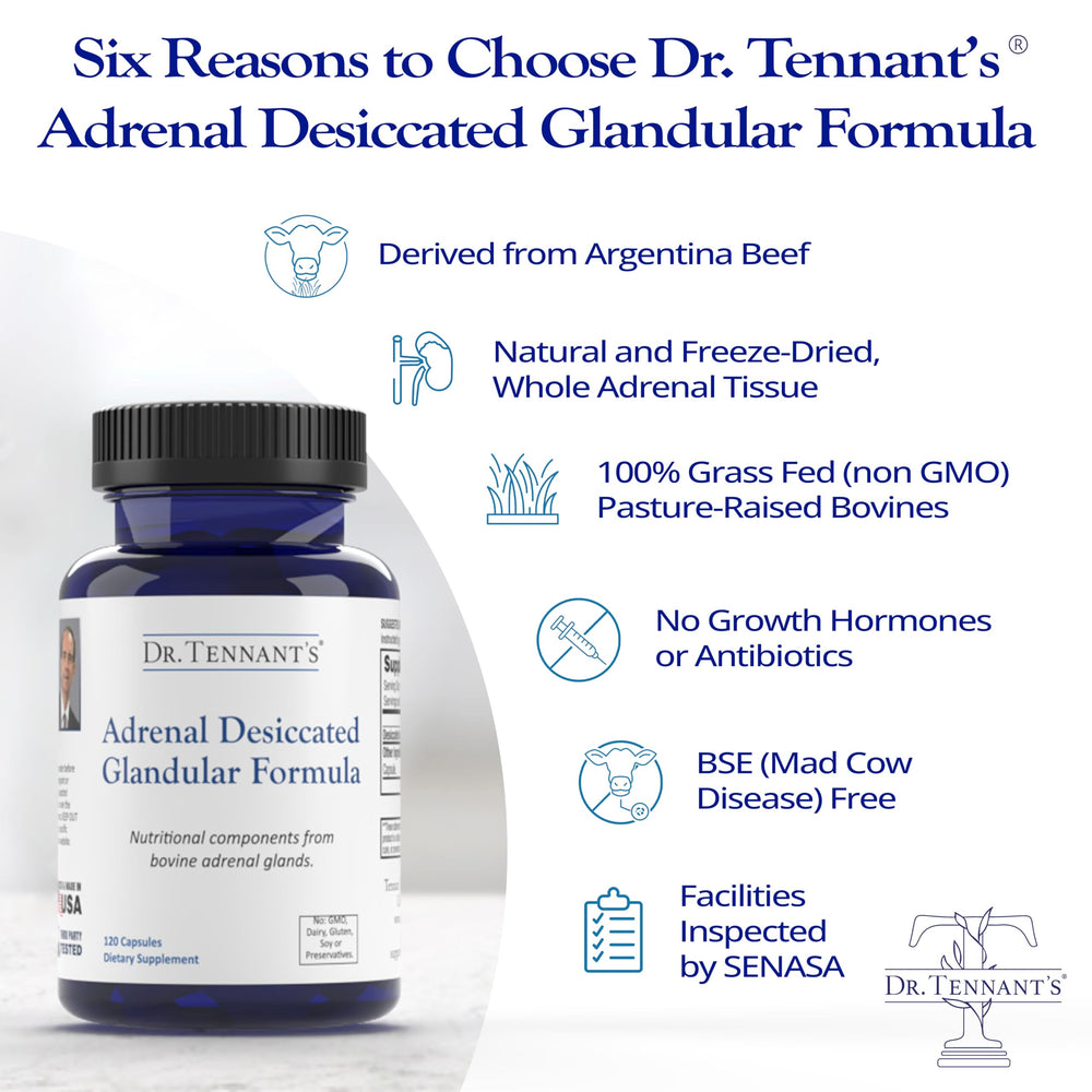 Dr. Tennant's Stress & Adrenal capsules being poured for easy daily use.