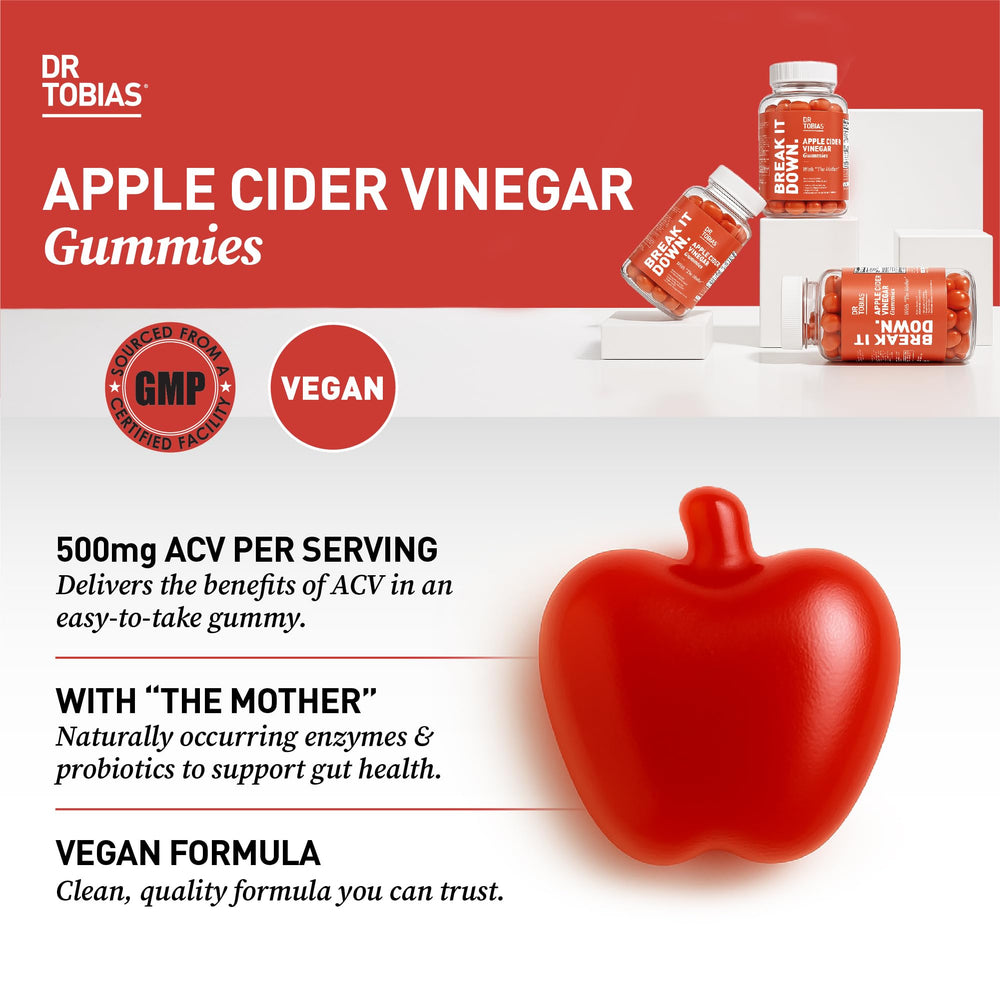 Serving 500mg ACV per gummy shown for detox-friendly daily rituals by Dr. Tobias.