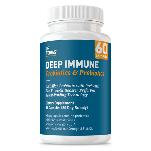 Dr. Tobias Deep Immune Probiotics bottle with capsules for daily gut support.
