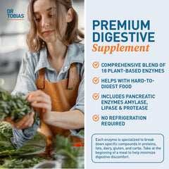 Dr. Tobias ingredient panel shows 18 plant-based enzymes for digestion.