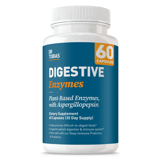 Dr. Tobias Digestive Enzymes bottle label highlighting 18 enzymes for digestion support.
