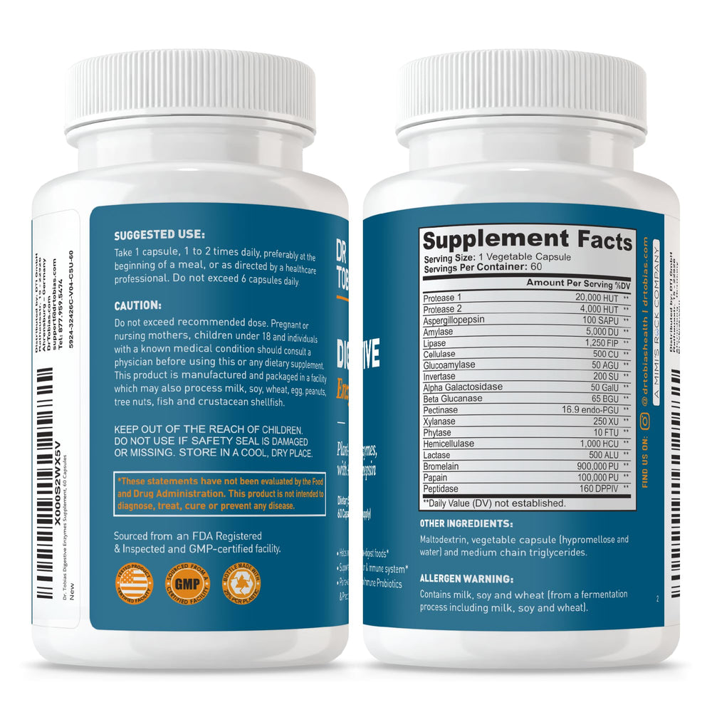 Dr. Tobias Digestive Enzymes taken daily to accompany meals.