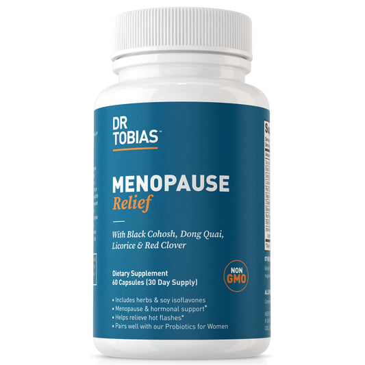 Dr. Tobias Menopause Relief bottle front, non-GMO formula for smoother transitions