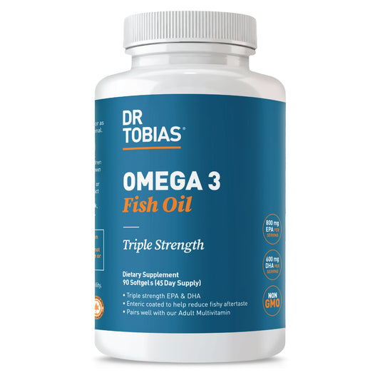 Dr. Tobias Omega 3 bottle with pour showing triple-strength omega-3 support