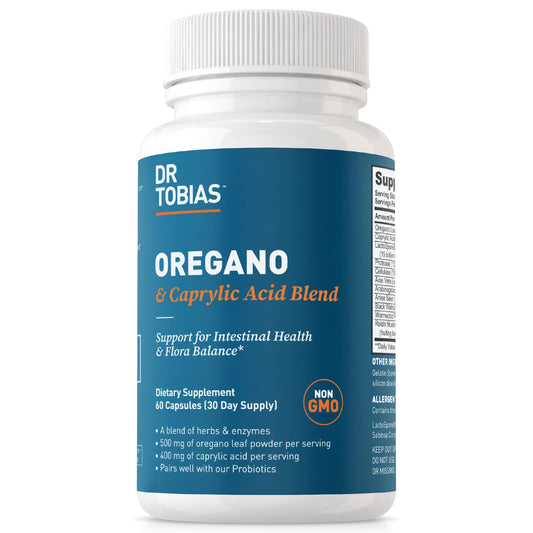 Dr. Tobias oregano-caprylic balance bottle shows a gut-friendly detox option for daily use.