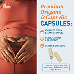 Ingredients panel on Dr. Tobias Oregano and Caprylic blend emphasizing probiotics and enzymes.