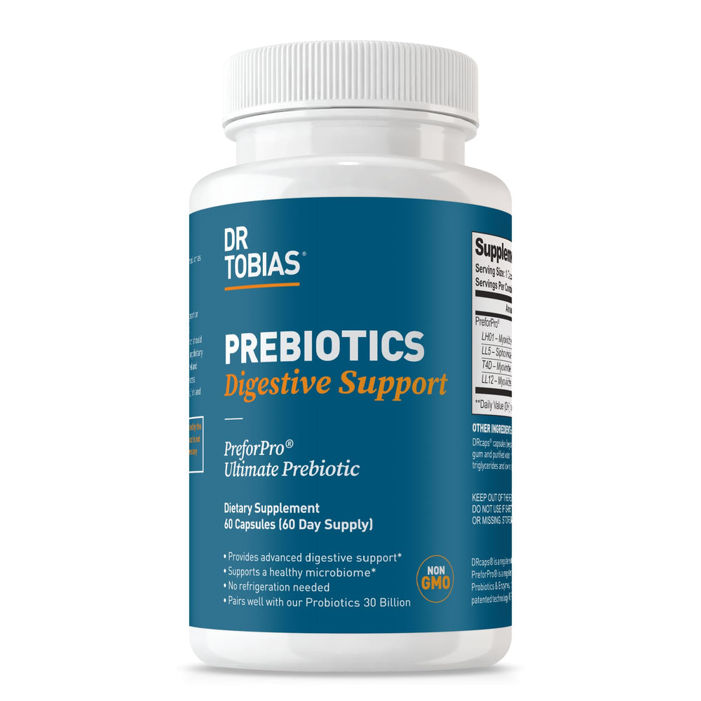 Dr. Tobias Prebiotics Digestive Support bottle shown for daily gut health.