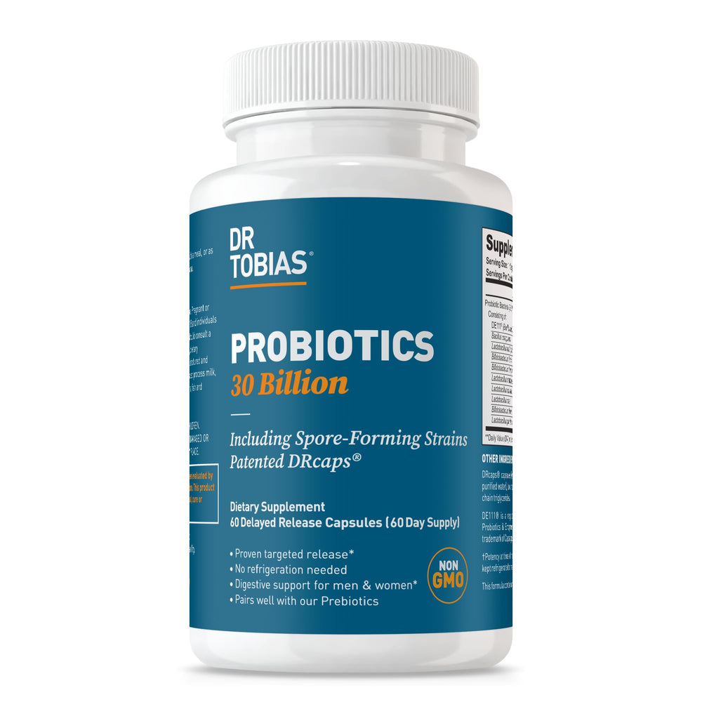 Dr. Tobias Probiotics 30 Billion bottle label for shelf-stable digestive support.