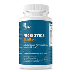 Dr. Tobias Probiotics bottle with shelf-stable packaging for daily use.