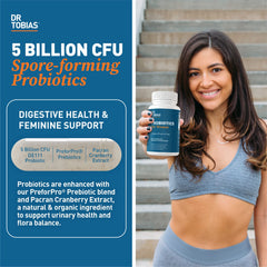 Capsules close-up showing 5 Billion CFU Bacillus subtilis for women's gut health