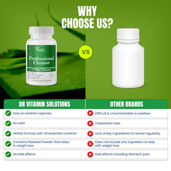 DR VITAMIN SOLUTIONS 60-count bottle beside a healthy meal plan poster.
