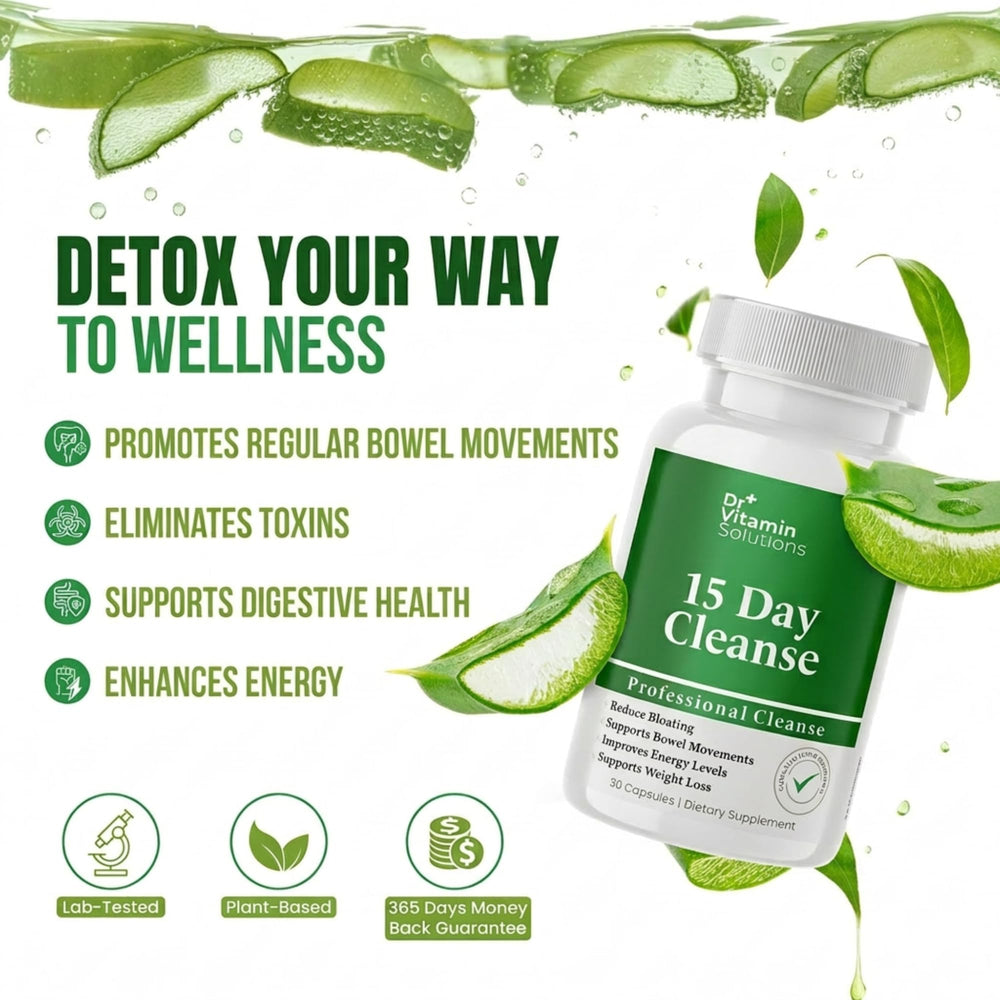 DR VITAMIN SOLUTIONS bottle and capsules on a clean surface for daily detox routine.