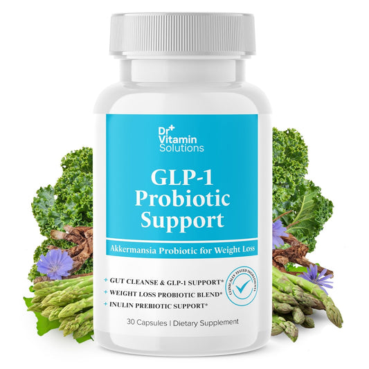 DR VITAMIN SOLUTIONS GLP-1 Probiotic Support bottle showing easy daily dosing for fullness support