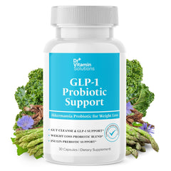 DR VITAMIN SOLUTIONS GLP-1 Probiotic Support bottle showing easy daily dosing for fullness support