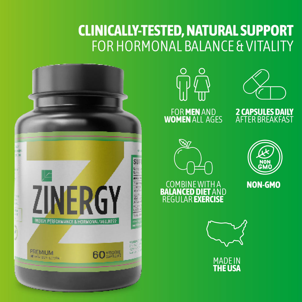 Dr. Zisman Zinergy packaging highlighting all-natural formula for wellness.