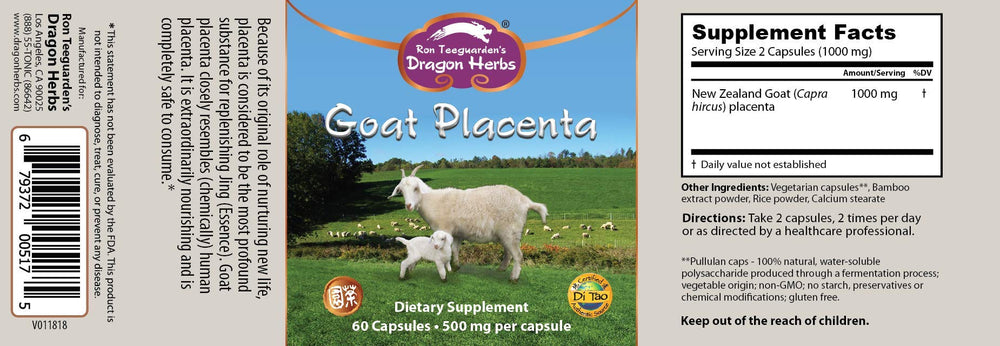 Dragon Herbs Goat Placenta Capsules label highlights 500 mg potency and supplement details.